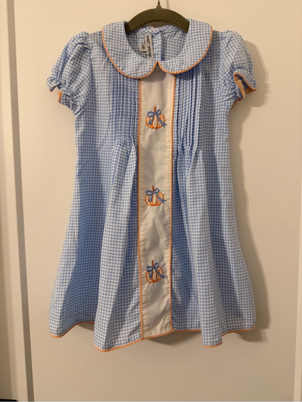 Sweet Dreams Light Blue Gingham Dress with Orange Trim Embroidered Pumpkin Bow